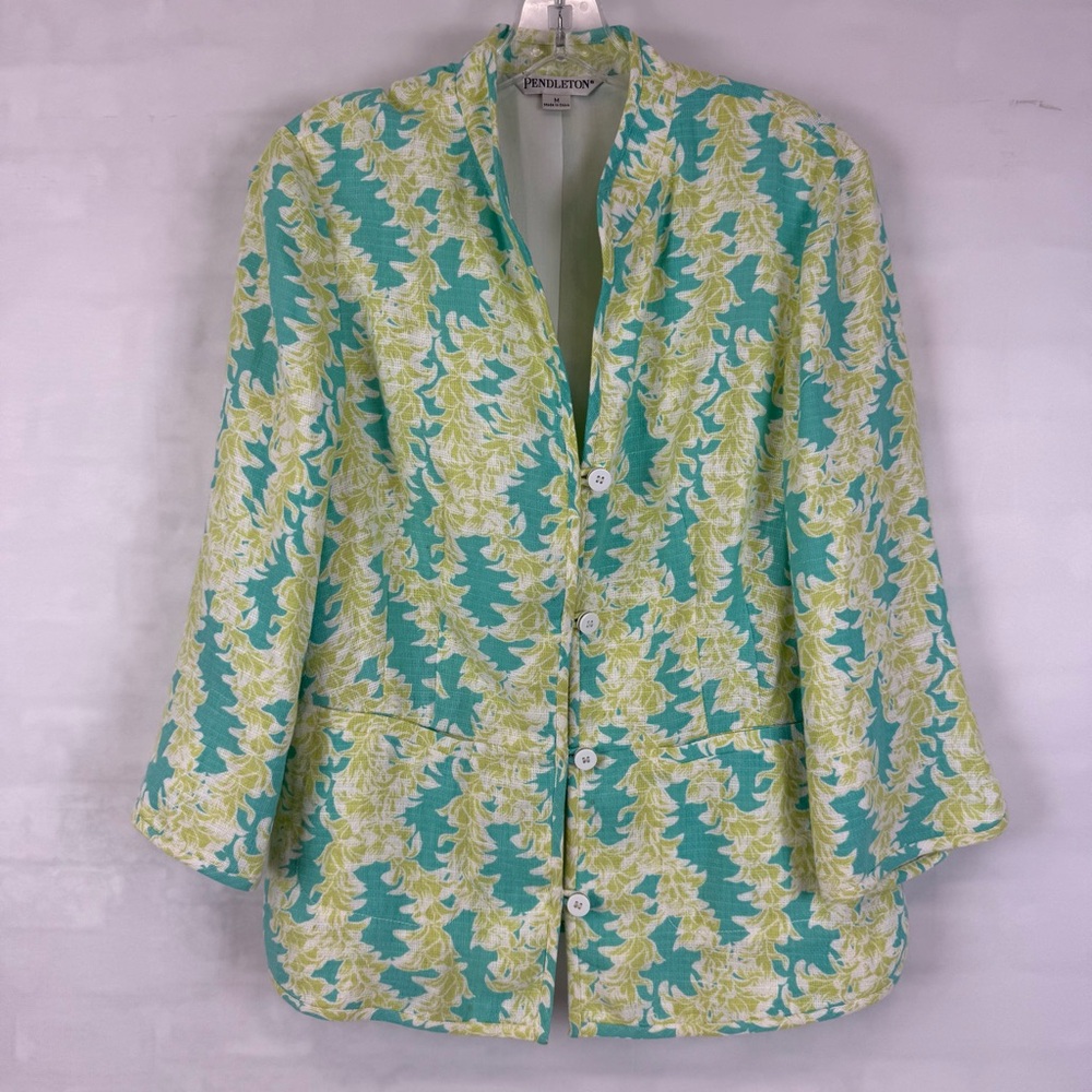 Vintage Pendleton Linen floral Blazer 3/4 Length Sleeves Sz Medium Green Yellow